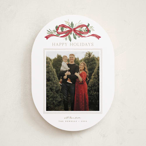 This is a santa holiday photo cards with standard by Everett Paper Goods called greenery swag printing on recycled smooth signature in standard