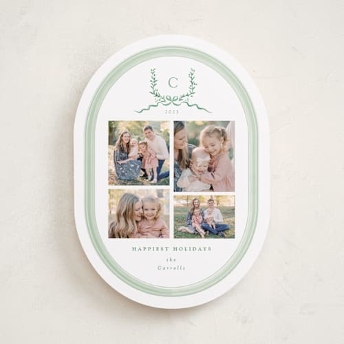 This is a evergreen holiday photo cards with standard by Corinne Malesic called festive monogram printing on recycled smooth signature in standard