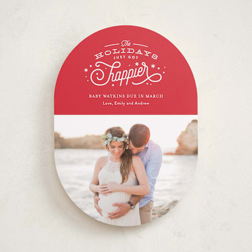 This is a poinsettia pregnancy announcements with standard by Jennifer Wick called happier holidays printing on smooth signature in standard