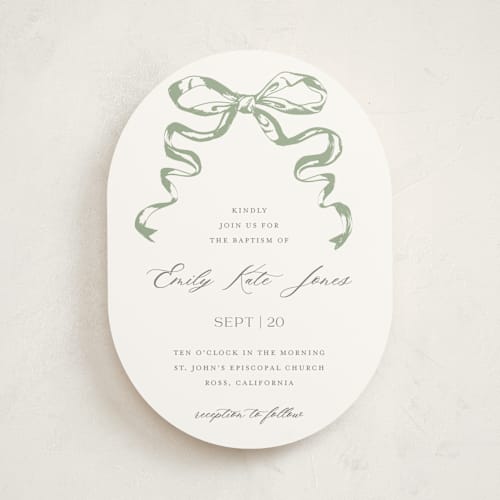 This is a mint baptism and christening announcements with standard by Teju Reval called big bow printing on signature in standard