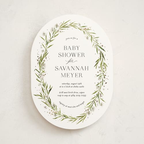 This is a diamond foil stamped baby shower invitations with foil pressed by Kate Ahn called aveline printing on signature in standard