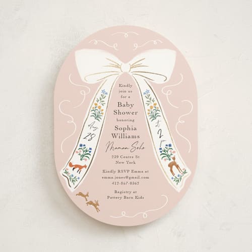 This is a petal foil stamped baby shower invitations with foil pressed by Elly called ribbon in bloom printing on signature in standard