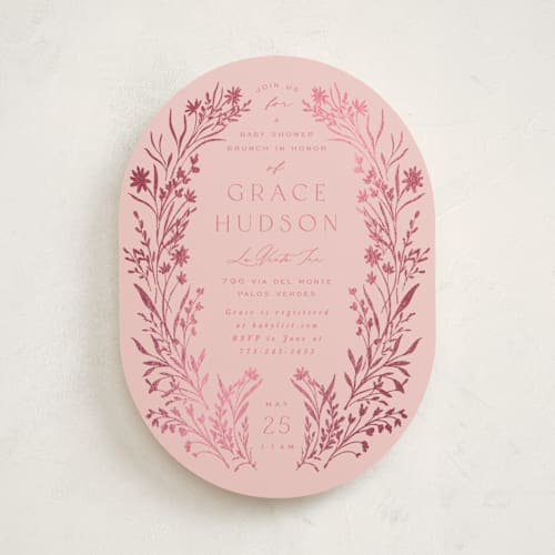 This is a rose foil stamped baby shower invitations with foil pressed by Leah Bisch called wildflower printing on signature in standard