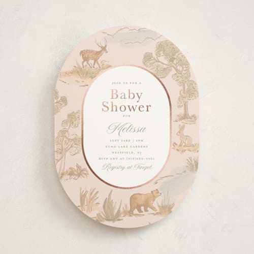 This is a petal foil stamped baby shower invitations with foil pressed by Teju Reval called woodland animals toile printing on signature in standard