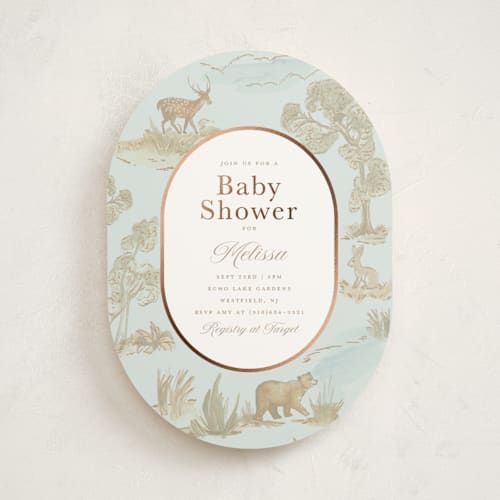 This is a sky foil stamped baby shower invitations with foil pressed by Teju Reval called woodland animals toile printing on signature in standard