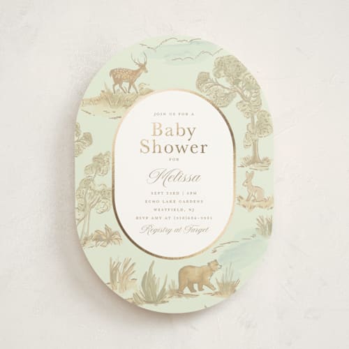 This is a leaf foil stamped baby shower invitations with foil pressed by Teju Reval called woodland animals toile printing on signature in standard