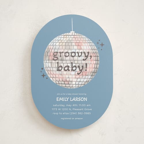 This is a cobalt foil stamped baby shower invitations with foil pressed by Janna Sue Design called groovy baby printing on signature in standard