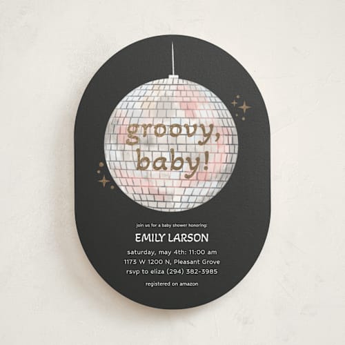 This is a noir foil stamped baby shower invitations with foil pressed by Janna Sue Design called groovy baby printing on signature in standard