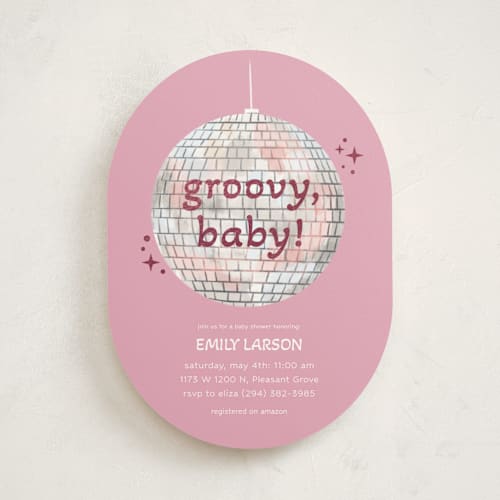 This is a blush foil stamped baby shower invitations with foil pressed by Janna Sue Design called groovy baby printing on signature in standard
