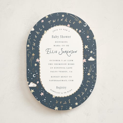 This is a celestial foil stamped baby shower invitations with foil pressed by Leah Bisch called stellar printing on signature in standard