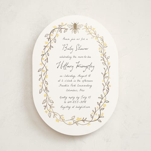 This is a buttercup foil stamped baby shower invitations with foil pressed by Heather Schertzer called soon to bee printing on signature in standard