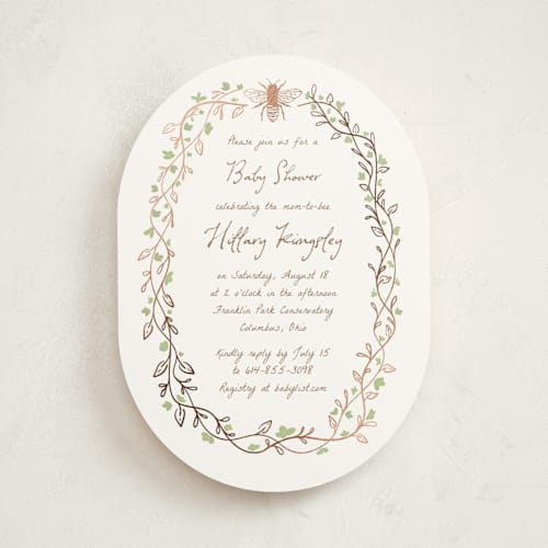 This is a garden foil stamped baby shower invitations with foil pressed by Heather Schertzer called soon to bee printing on signature in standard