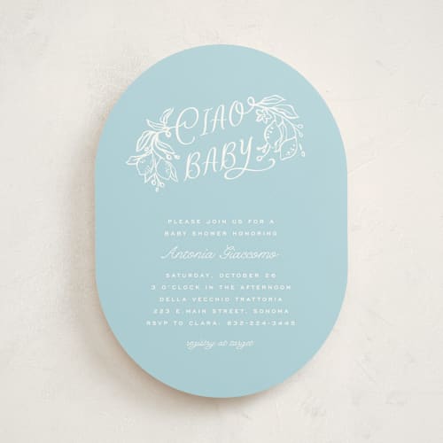This is a ciello baby shower invitations with standard by Pati Cascino called ciao baby printing on signature in standard