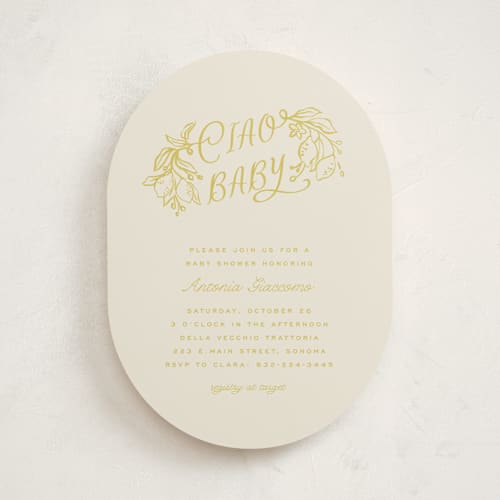This is a limoncello baby shower invitations with standard by Pati Cascino called ciao baby printing on signature in standard