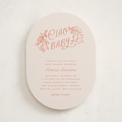 This is a coral baby shower invitations with standard by Pati Cascino called ciao baby printing on signature in standard