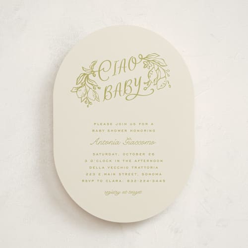 This is a olive baby shower invitations with standard by Pati Cascino called ciao baby printing on signature in standard