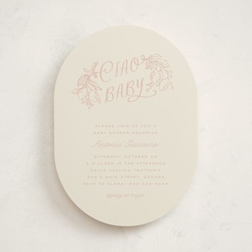 This is a blush baby shower invitations with standard by Pati Cascino called ciao baby printing on signature in standard