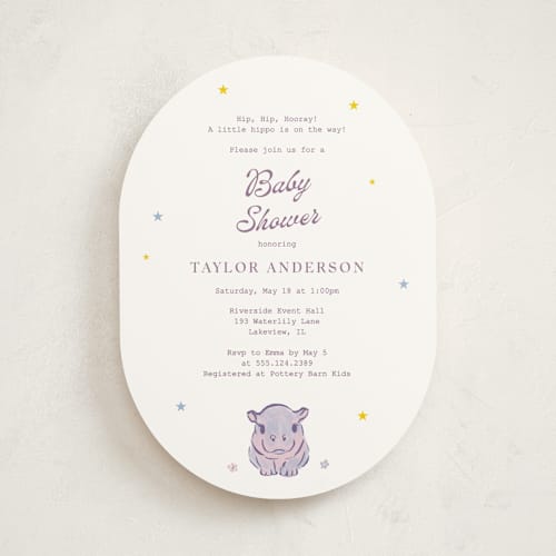 This is a cream baby shower invitations with standard by Cass Loh called baby hippo printing on signature in standard
