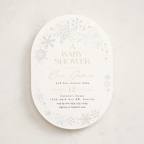 This is a cream baby shower invitations with standard by Alethea and Ruth called winter baby snowflakes printing on signature in standard