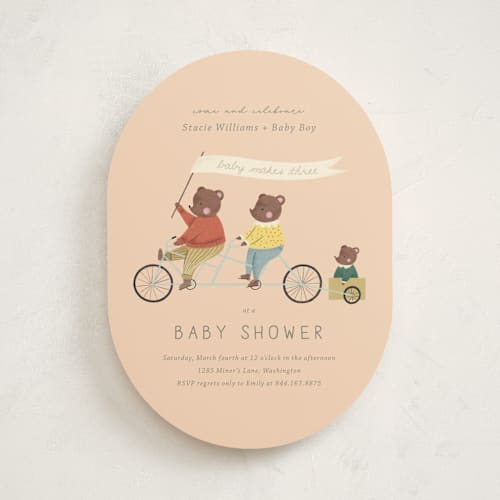 This is a peach baby shower invitations with standard by Kiersten Garner called baby makes three printing on signature in standard