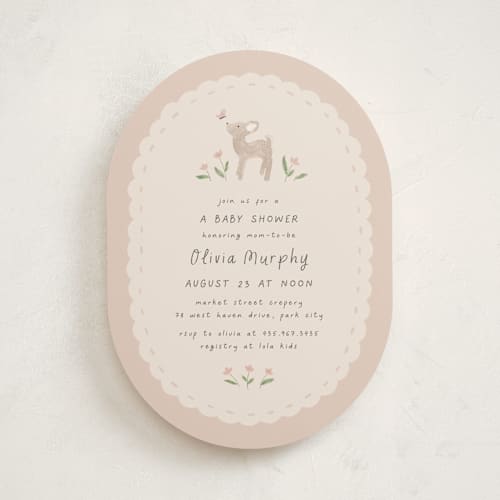 This is a blush baby shower invitations with standard by JeAnna Casper called woodland fawn printing on signature in standard