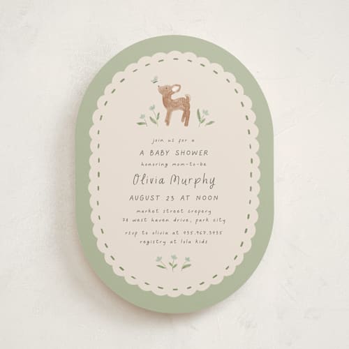 This is a pine baby shower invitations with standard by JeAnna Casper called woodland fawn printing on signature in standard