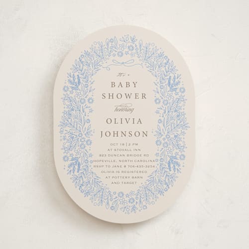 This is a bluebell baby shower invitations with standard by Hannah Williams called blooming foil oval printing on signature in standard