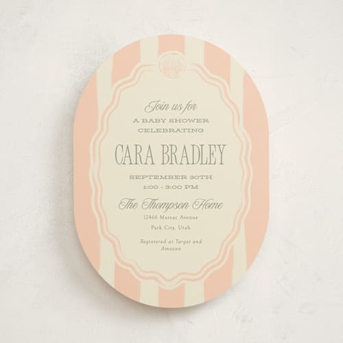 This is a blush baby shower invitations with standard by Robert and Stella called beach babe printing on signature in standard