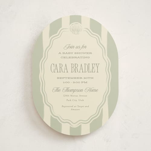 This is a sage baby shower invitations with standard by Robert and Stella called beach babe printing on signature in standard
