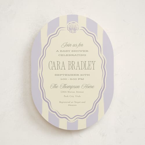 This is a lavender baby shower invitations with standard by Robert and Stella called beach babe printing on signature in standard
