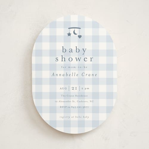 This is a baby blue baby shower invitations with standard by Stacey Meacham called gingham mobile printing on signature in standard