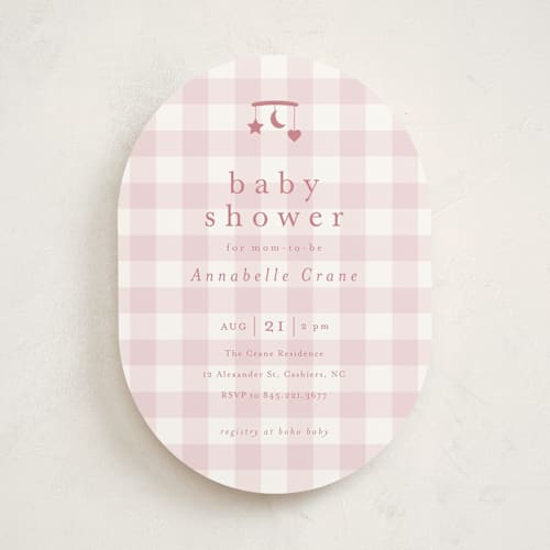 This is a petal baby shower invitations with standard by Stacey Meacham called gingham mobile printing on signature in standard