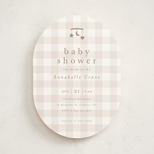 This is a taupe baby shower invitations with standard by Stacey Meacham called gingham mobile printing on signature in standard