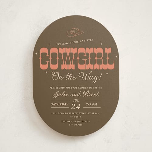 This is a mocha baby shower invitations with standard by Maggie Daugherty called cowgirl on the way! printing on signature in standard