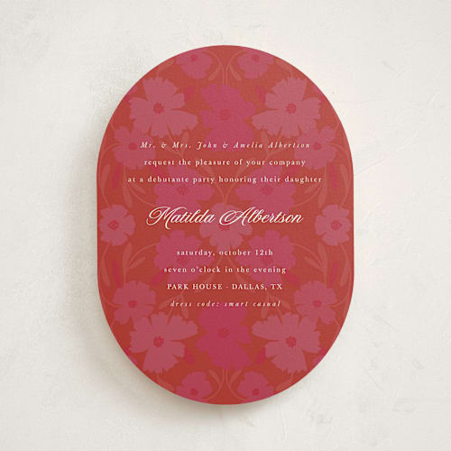 This is a flamingo debutante party invitations with standard by Morgan Kendall called baroque printing on signature in standard