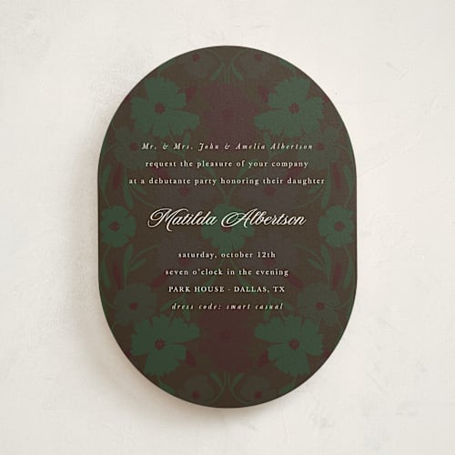 This is a peacock debutante party invitations with standard by Morgan Kendall called baroque printing on signature in standard