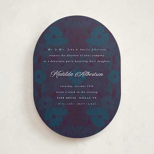 This is a bluejay debutante party invitations with standard by Morgan Kendall called baroque printing on signature in standard