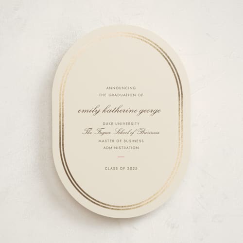 This is a strawberry graduation announcements with foil pressed by Megan Davis called bocce printing on signature in standard