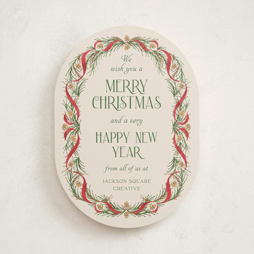 This is a cranberry business holiday cards with standard by Paper Sun Studio called pine border printing on signature in standard