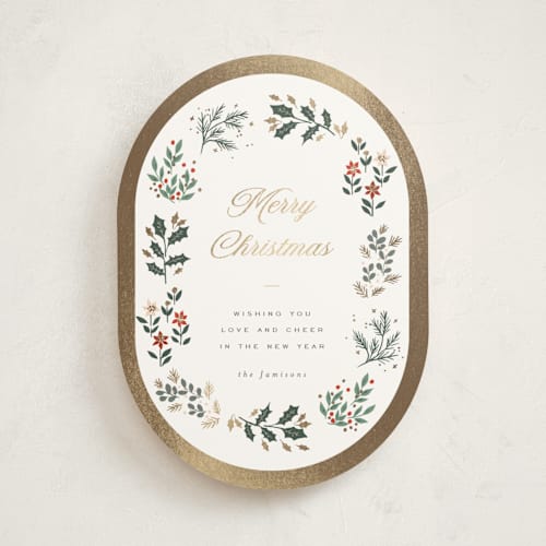 This is a snow foil pressed holiday cards with foil pressed by Rebecca Durflinger called folksy wreath printing on signature in standard