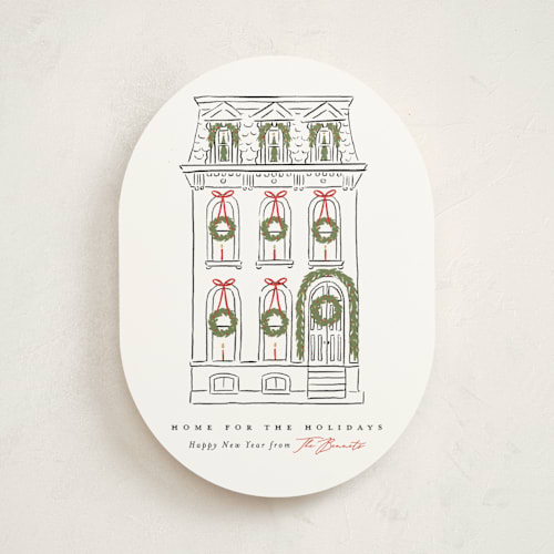 This is a snowfall non photo holiday cards with standard by Susan Zinader called home for the holidays printing on signature in standard