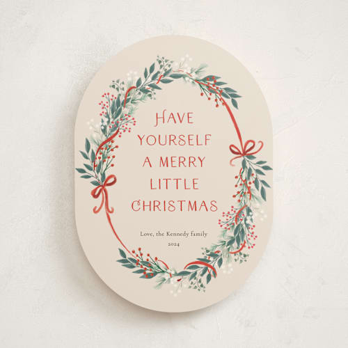 This is a cranberry non photo holiday cards with standard by frau brandt called vintage garland printing on signature in standard