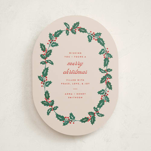 This is a eggnog non photo holiday cards with standard by Amy Kross called classic holly printing on signature in standard