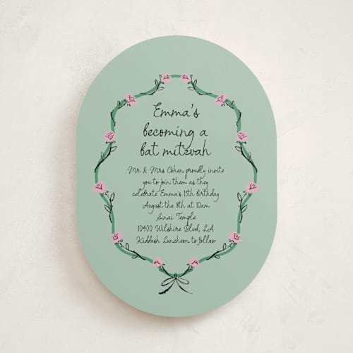 This is a greenery bar mitzvah bat mitzvah invitations with standard by mo kelley called rose crest printing on signature in standard