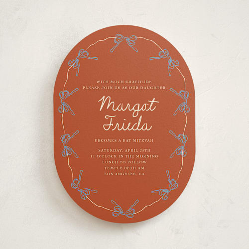 This is a tangerine bar mitzvah bat mitzvah invitations with standard by Aviva Atri called oval bow wreath bat mitzvah 2 printing on signature in standard