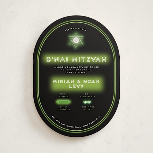 This is a lime bar mitzvah bat mitzvah invitations with standard by Anne Retter - SchoepfergeistArt called neon glow - b’nai / bat / bar mitzvah invitation printing on signature in standard