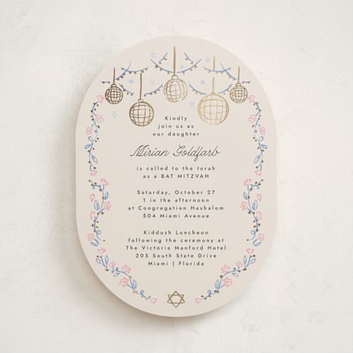 This is a peony bar mitzvah bat mitzvah invitations with foil pressed by Pati Cascino called disco flower printing on signature in standard