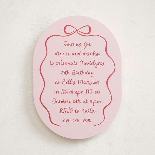 This is a raspberry party invitations with standard by Randi Cirelli called birthday bow printing on signature in standard