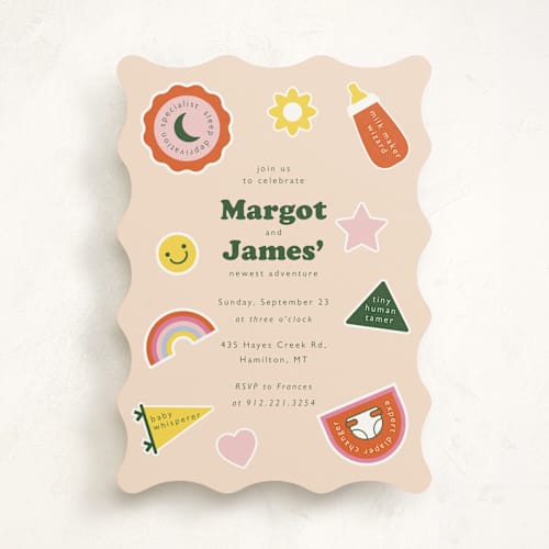 This is a sunshine baby shower invitations with standard by Hudson meet Rose called scout badges printing on signature in standard