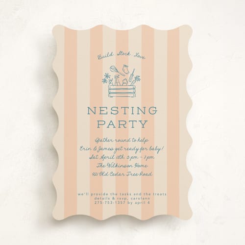This is a peachy baby shower invitations with standard by Leia Matt called nesting toolbox printing on signature in standard